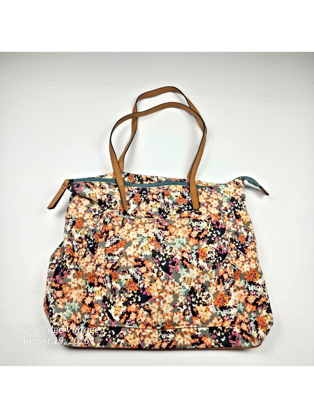 Sonoma Goods for Life Floral Cotton Tote Bag Brown Faux Leather Trim 2021